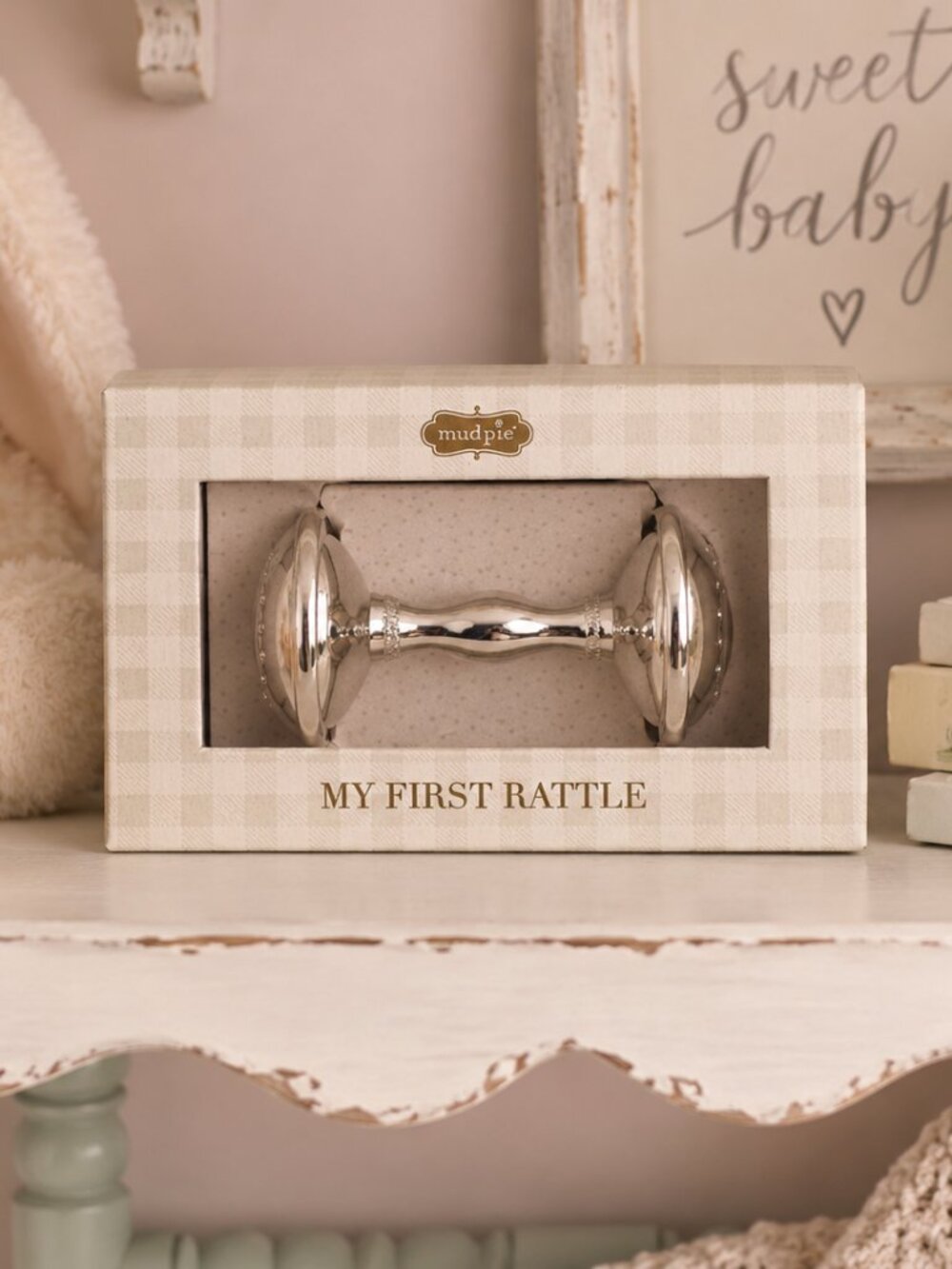 Mud Pie My First Rattle Silver Tone Baby Keepsake Gift Boxed